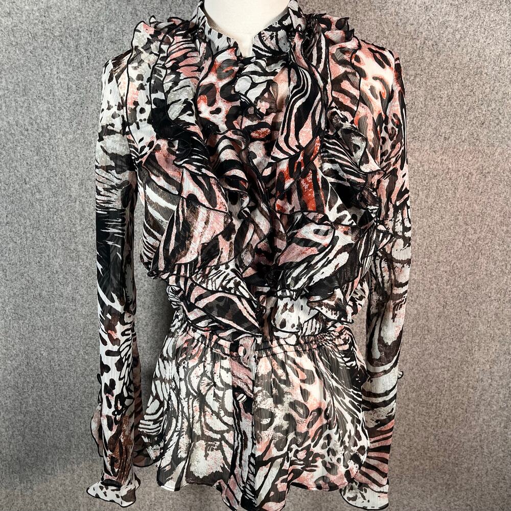 VTG Y2K 90s Women's Sheer Animal Print Whimsy Ruffle Office Siren Blouse Size XS